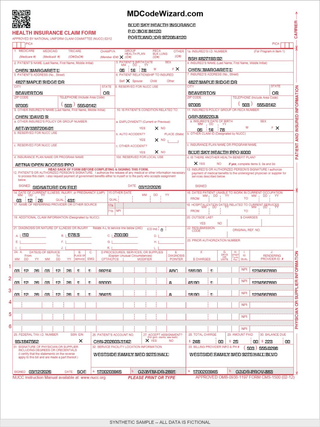 Office visit and EKG - a filled CMS-1500 claim form