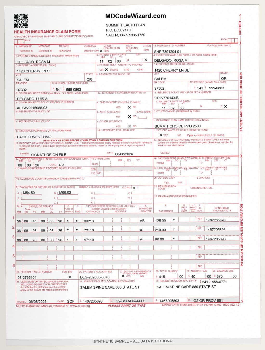 Back pain and therapy - a filled CMS-1500 claim form